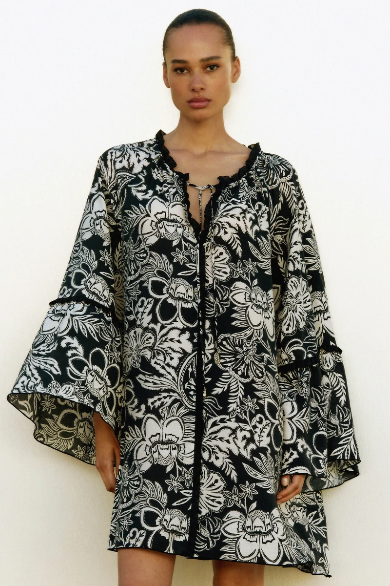 Trumpet-Sleeved Tunic Dress