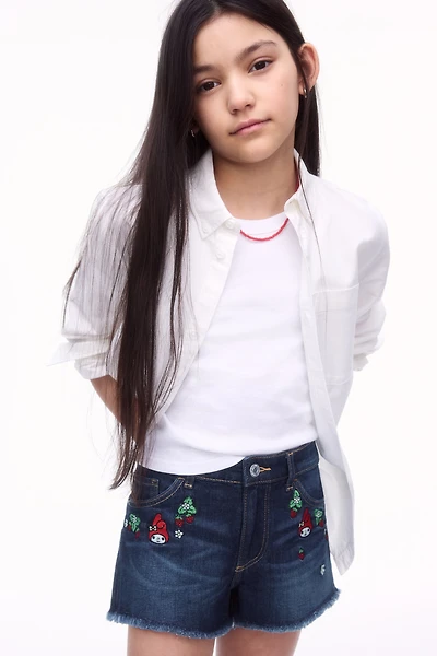 Embroidered-Detail Denim Shorts