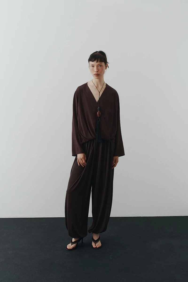 Linen-Blend Wrap Blouse