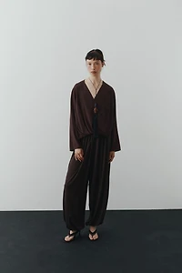 Linen-Blend Wrap Blouse