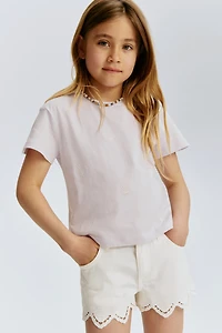 Broderie-anglaise denim shorts