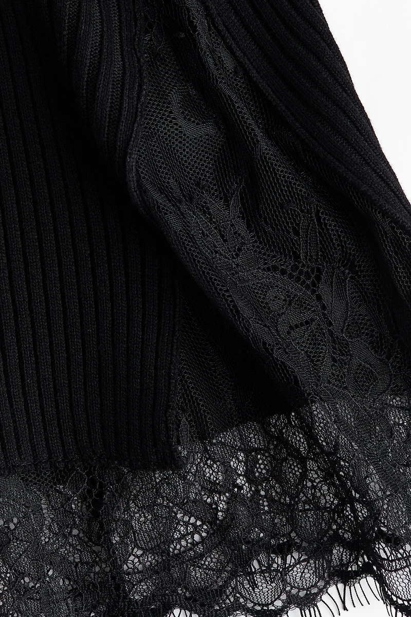 Lace-Trimmed Rib-Knit Cardigan