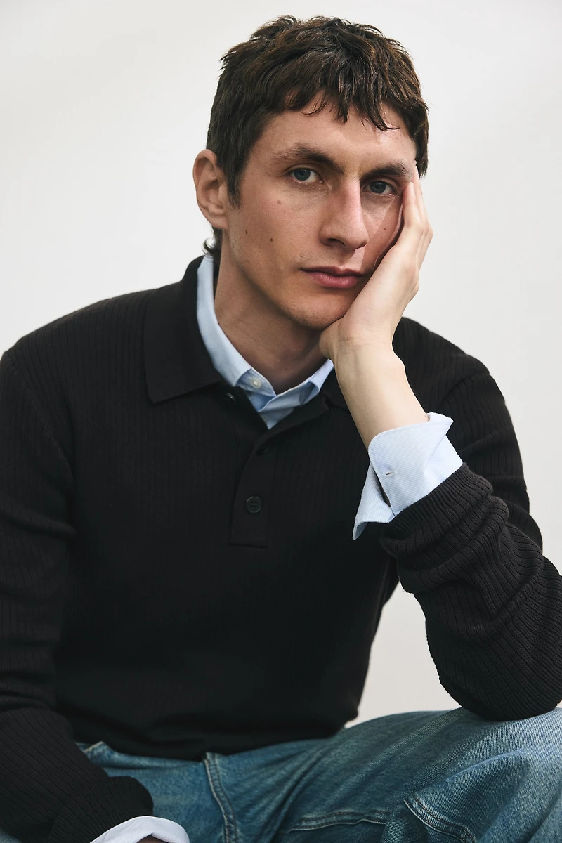 Slim-Fit Rib-Knit Polo Shirt