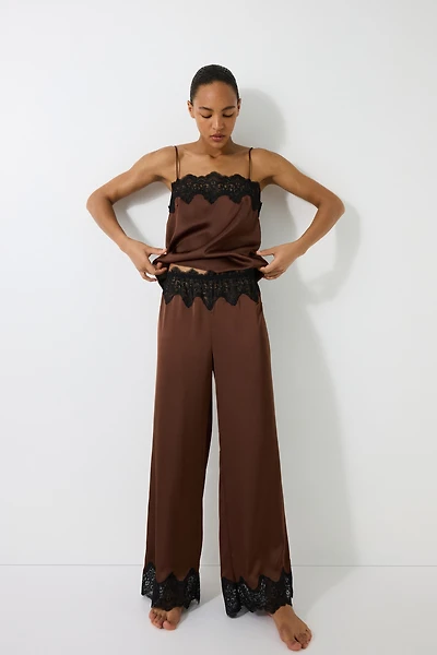 Lace-Trimmed Satin Pajama Pants