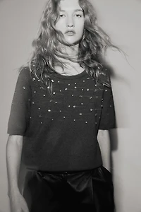 Rhinestone-Embellished Fine-Knit Top