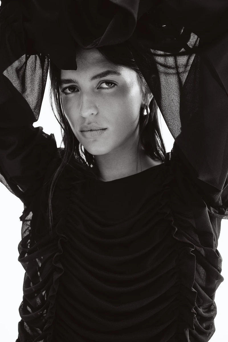 Ruffle-Trimmed Draped Dress