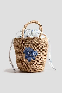 Embroidered-Detail Straw Bucket Bag