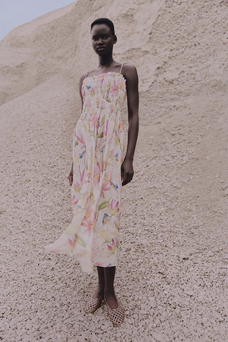 Smocked-Bodice Strappy Dress