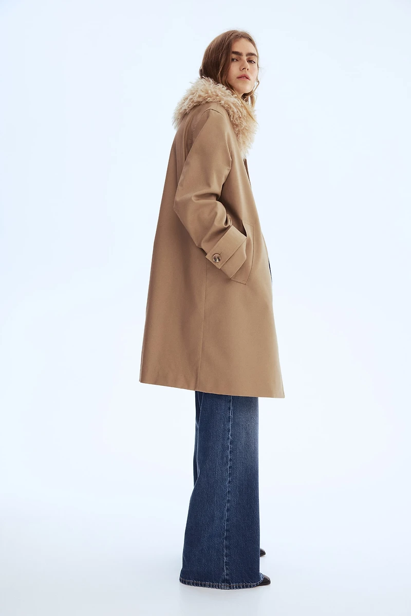 Twill Coat with Fluffy Collar