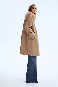 Twill Coat with Fluffy Collar