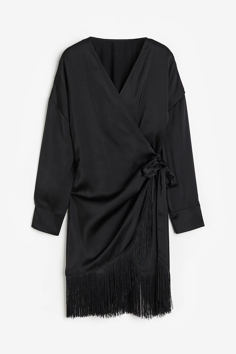Fringe-trimmed Satin Wrap Dress