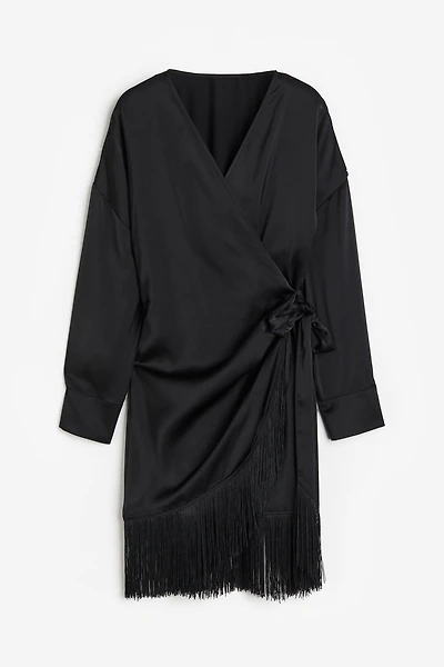 Fringe-trimmed Satin Wrap Dress