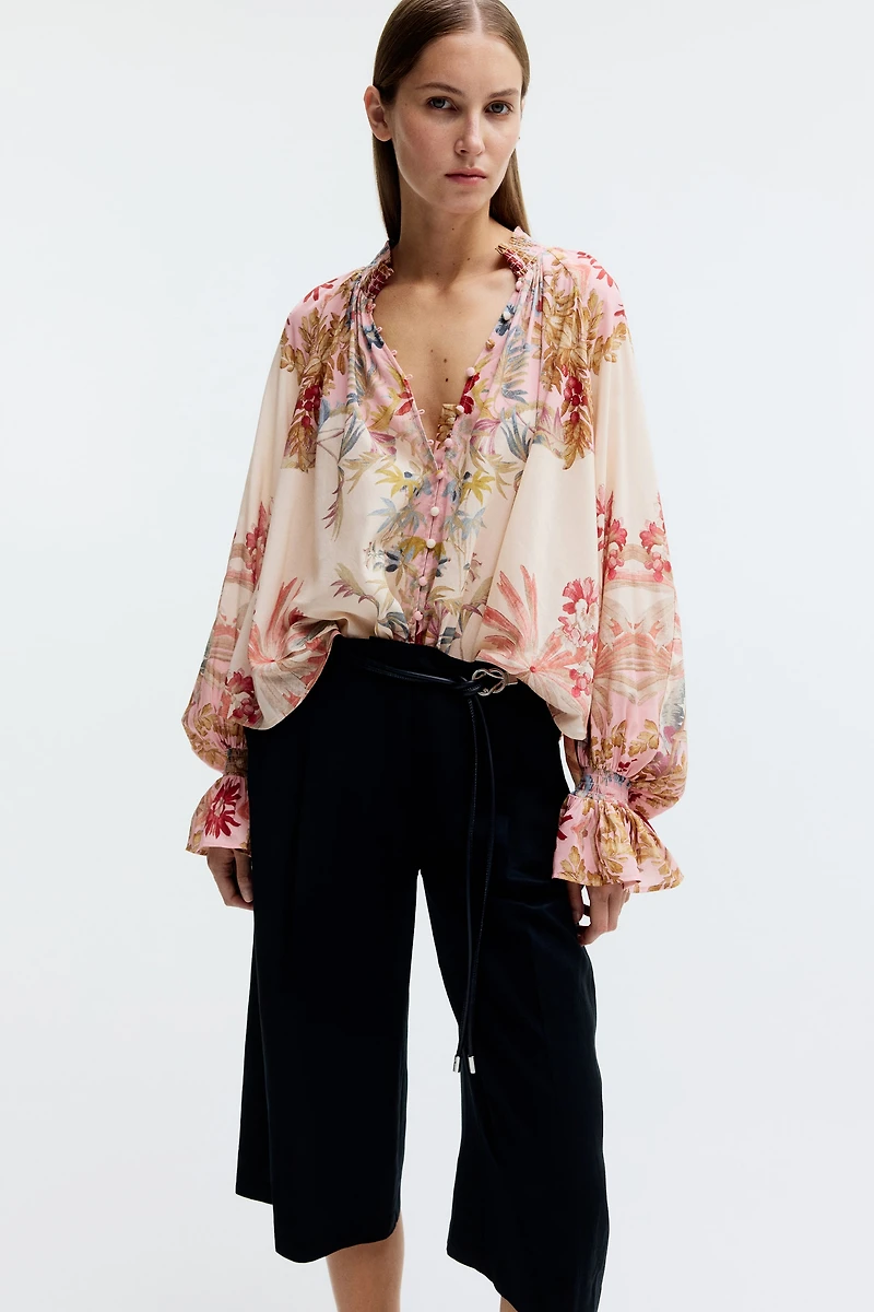 Button-Front Balloon-Sleeved Blouse