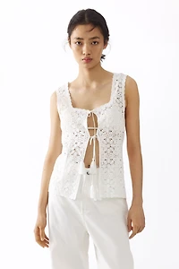 Tie-Front Pointelle-Knit Top