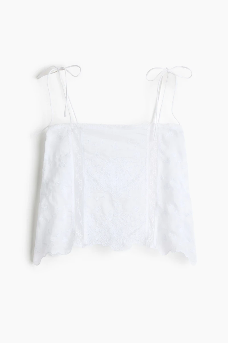 Eyelet-Embroidered Top with Tie Shoulder Straps