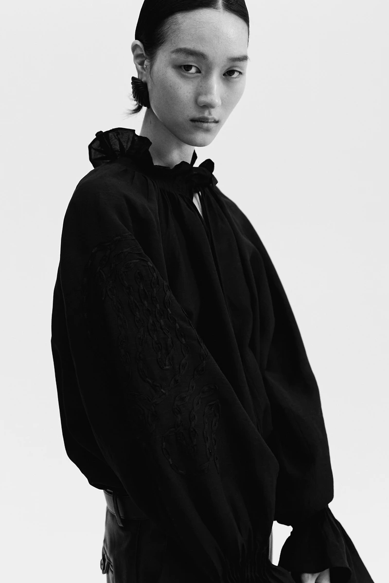 Linen-Blend Blouse with Embroidery