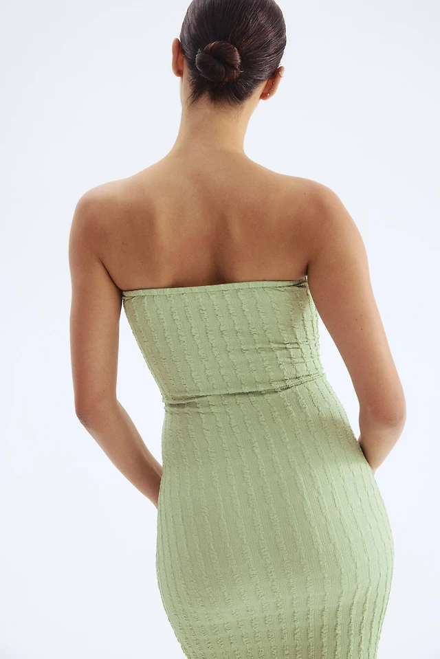 white christmas dresses Atun Denim Bandeau Maxi Dress in Brown Blue Acid Wash