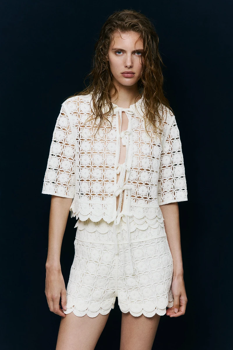 Tie-Front Crochet-Look Shirt