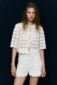 Tie-Front Crochet-Look Shirt