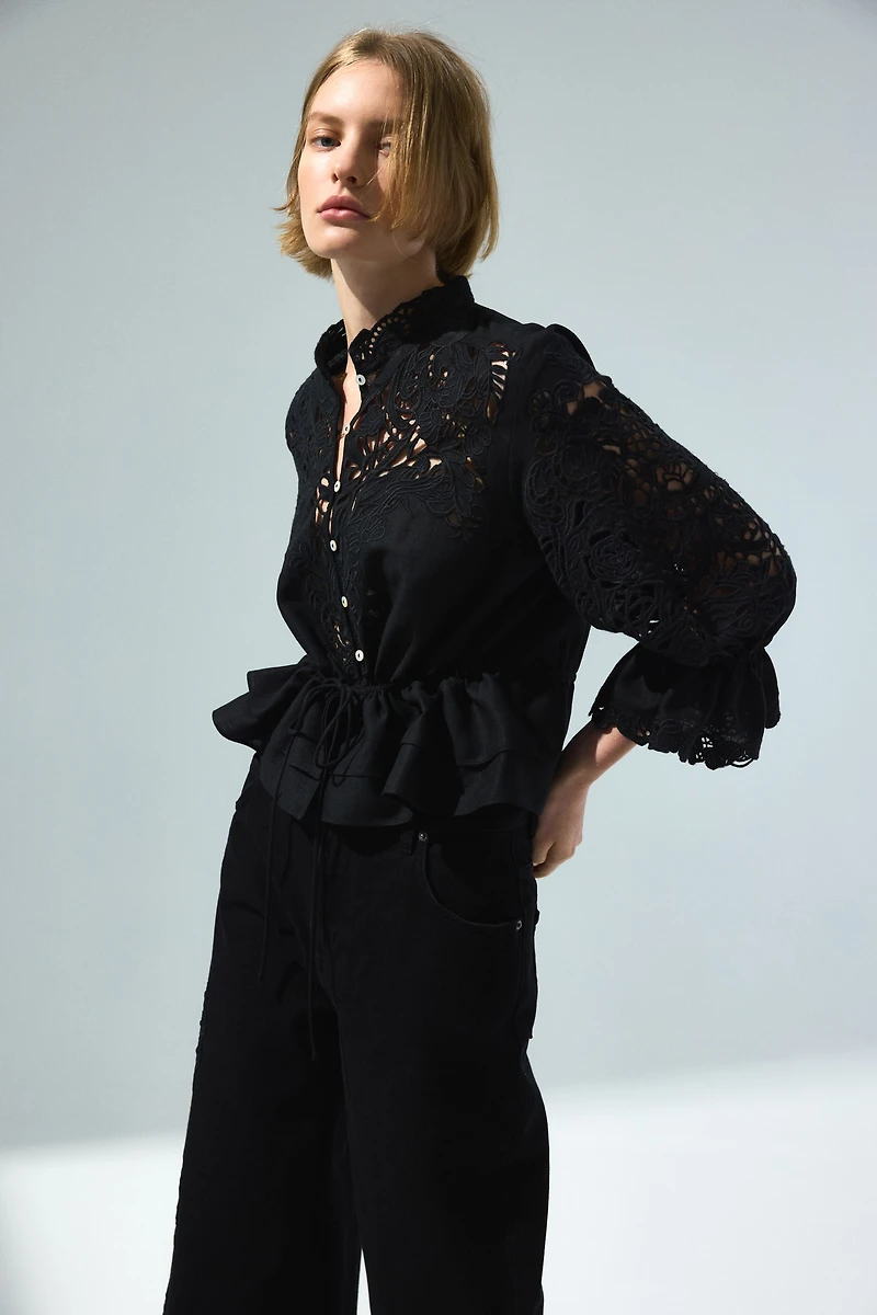 Linen-Blend Blouse with Eyelet Embroidery
