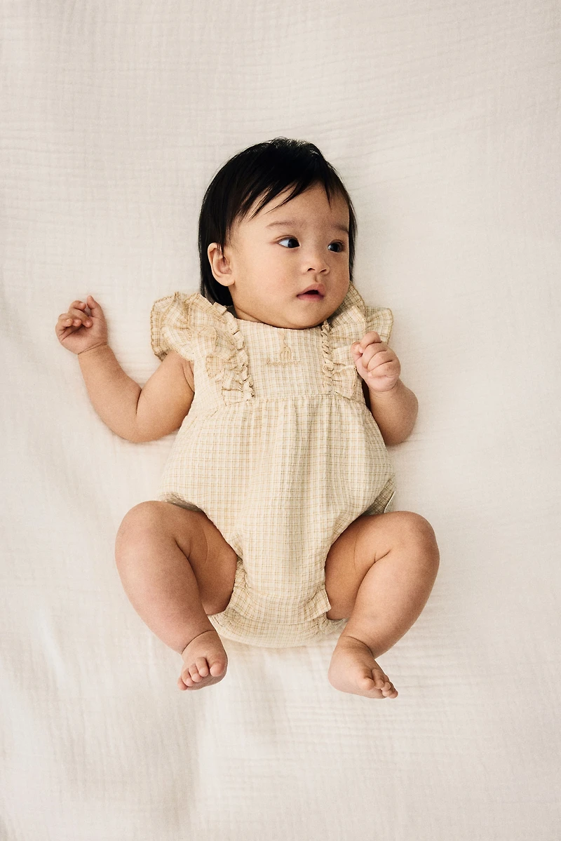 Embroidered-Detail Seersucker Romper Suit