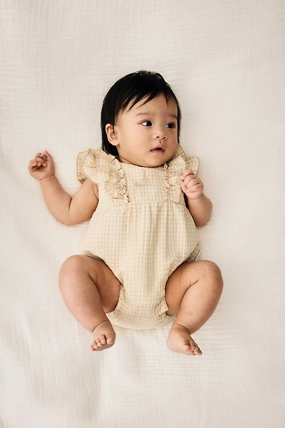Embroidered-Detail Seersucker Romper Suit