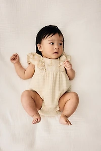 Embroidered-Detail Seersucker Romper Suit