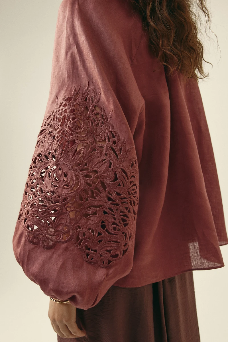 Linen Blouse with Eyelet Embroidery