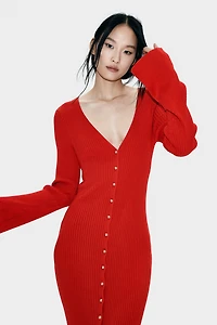 Rib-Knit Button-Front Dress