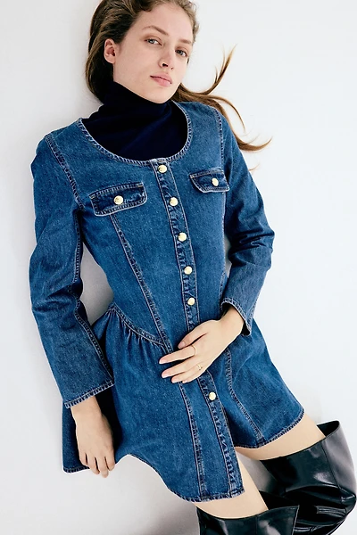 Flared-Skirt Denim Dress