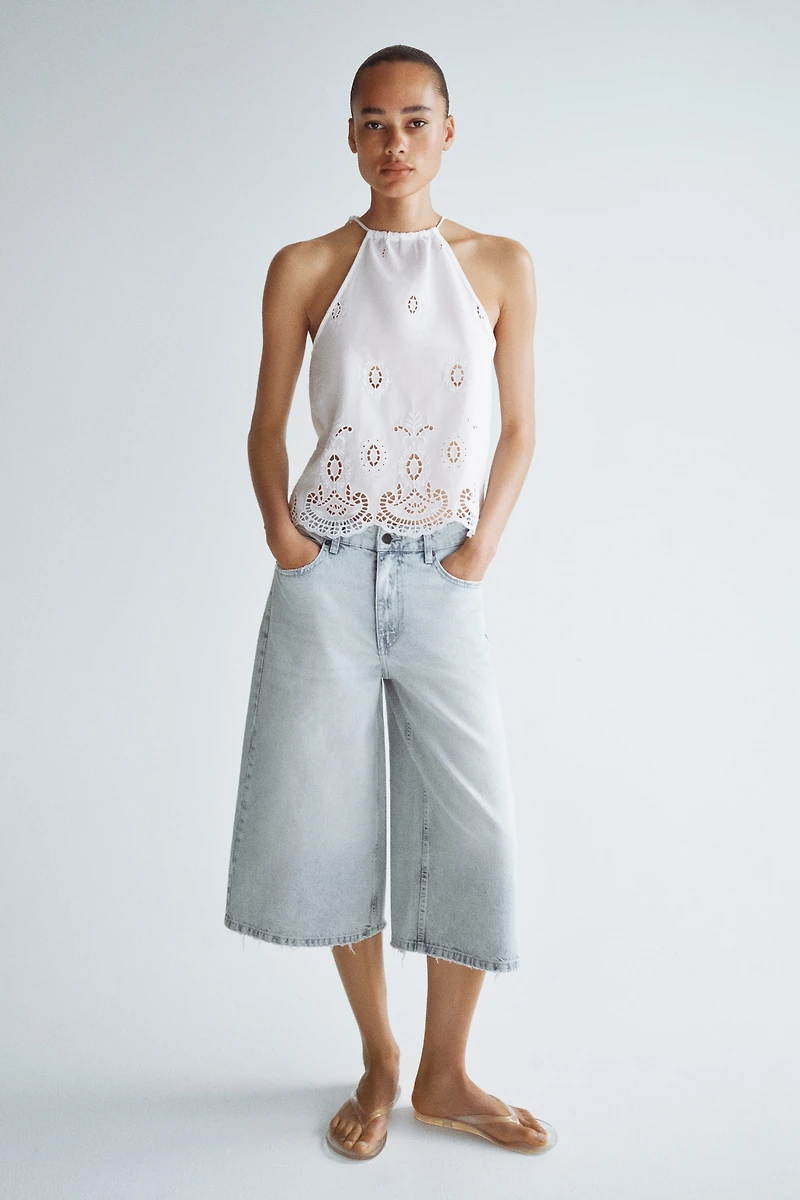 Eyelet-Embroidered Top with Tie Shoulder Straps