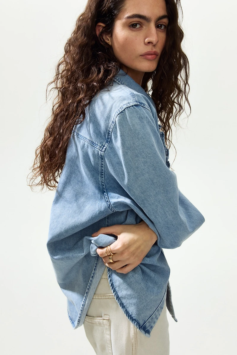 Ruffle-Trimmed Denim Shirt