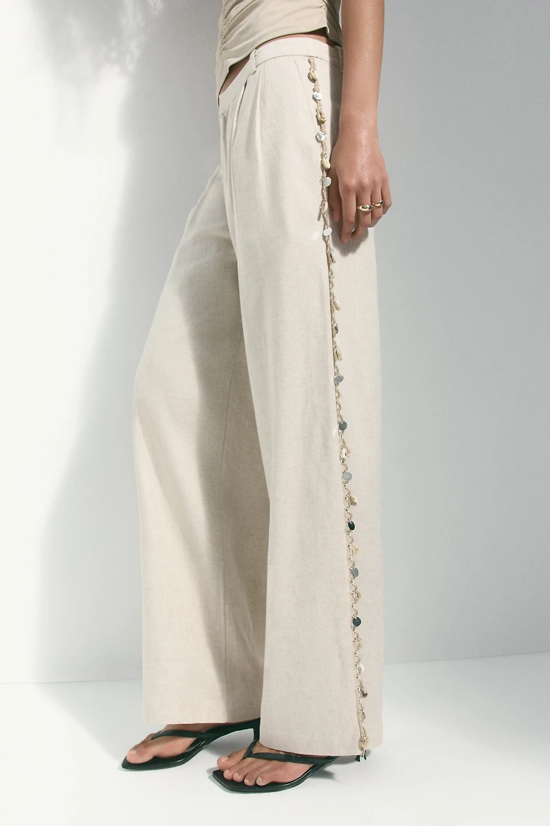 Embellished Linen-Blend Pants