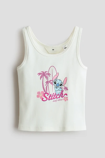 Ribbed Tank Top with Printed Motif
