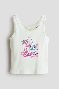 Ribbed Tank Top with Printed Motif