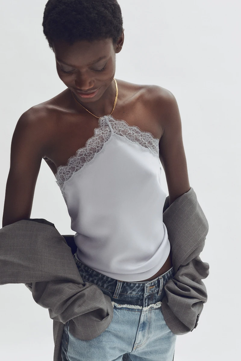 Lace-Trimmed Halterneck Top