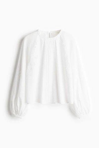 Linen-Blend Blouse with Eyelet Embroidery