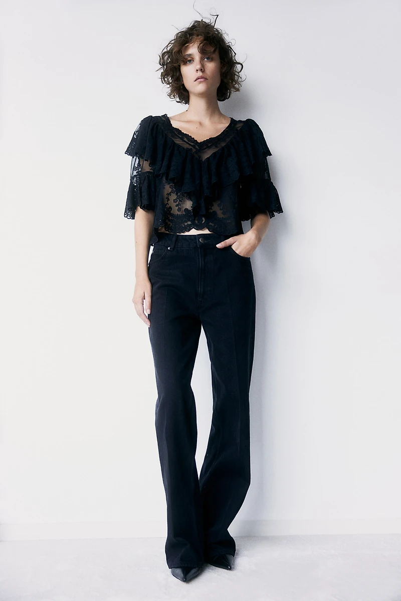 Flounce-Trimmed Lace Blouse