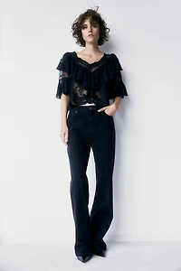 Flounce-Trimmed Lace Blouse