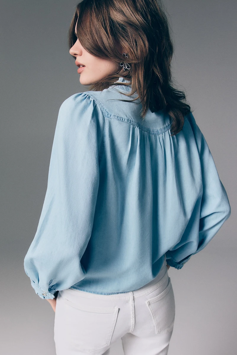 Ruffle-Trimmed Denim Blouse