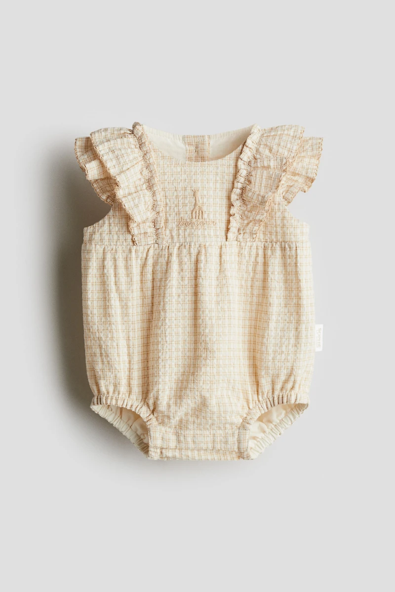Embroidered-Detail Seersucker Romper Suit