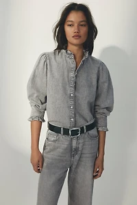 Ruffle-Trimmed Denim Blouse