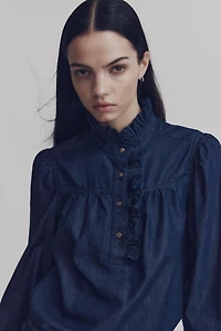 Ruffled-Collar Denim Blouse
