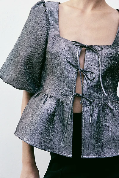 Jacquard-Weave Tie-Front Blouse