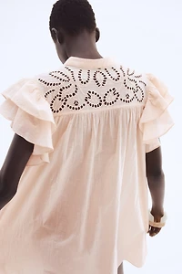 Flutter-Sleeve Dress with Eyelet Embroidery