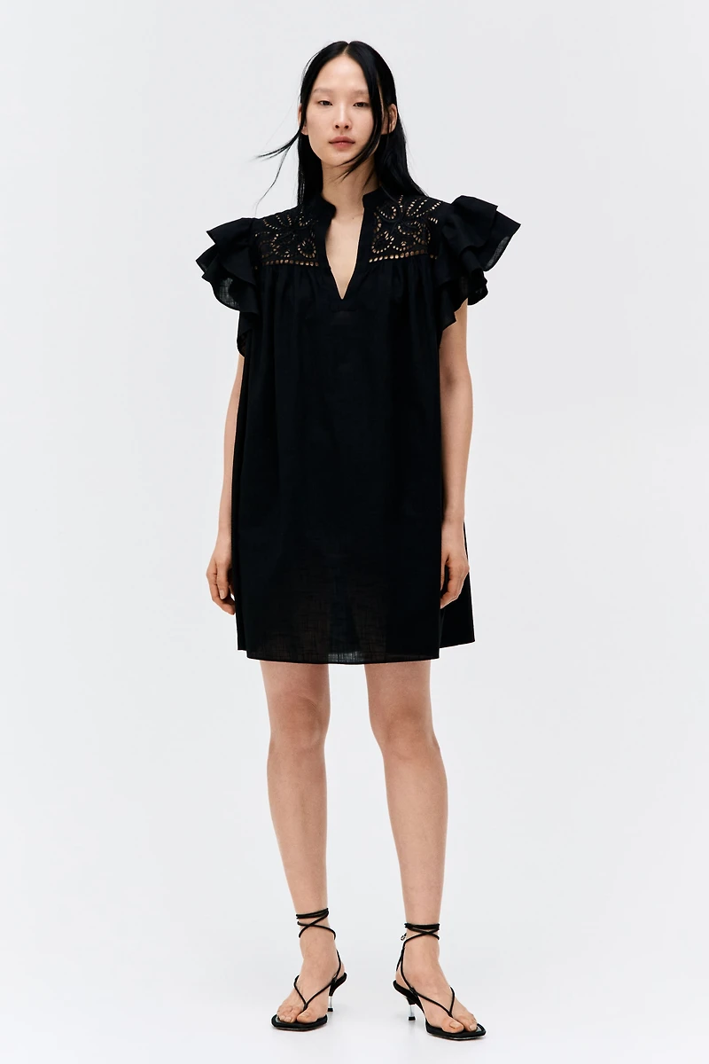 Flutter-Sleeve Dress with Eyelet Embroidery