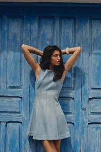 Flared-skirt denim dress