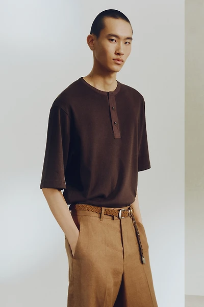 Loose-Fit Linen-Blend Henley Shirt