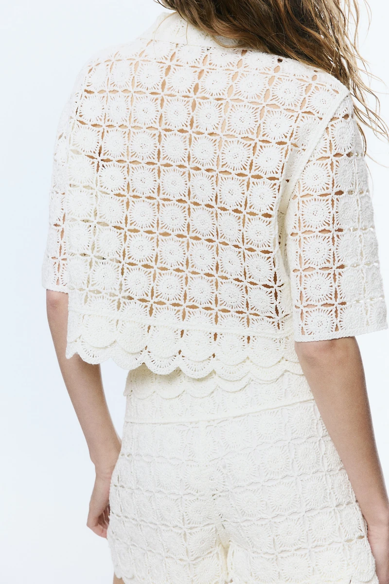 Tie-Front Crochet-Look Shirt