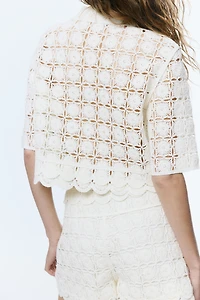 Tie-Front Crochet-Look Shirt